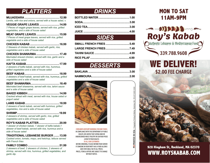 Roy's Kabab Menu